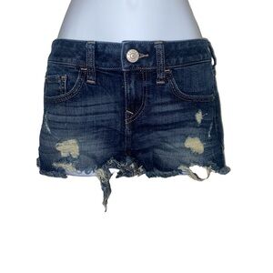 y2k style dark wash low rise micro mini distressed denim shorts